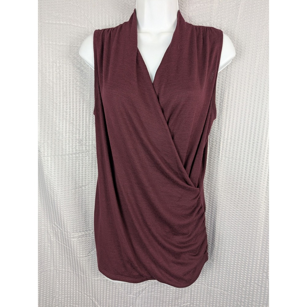 4th & Hawthorn Womens Burgundy Surplice Wrap Ruched Sleeveless V-Neck Top Medium